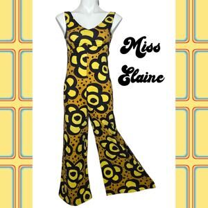 VTG 60s Miss Elaine Psychedelic Groovy Yellow Black Mod Floral Wide Leg Jumpsuit